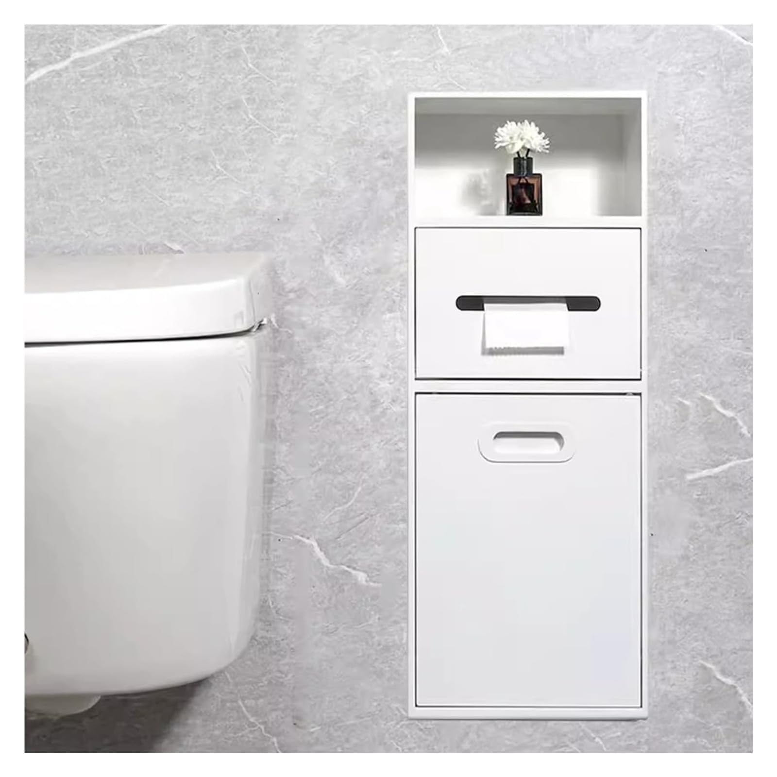 Flush-Mounted Toilet Paper Holder， Stainless Steel Niche With TP Holder And Trash Can(White,7.8x26x5.5in)