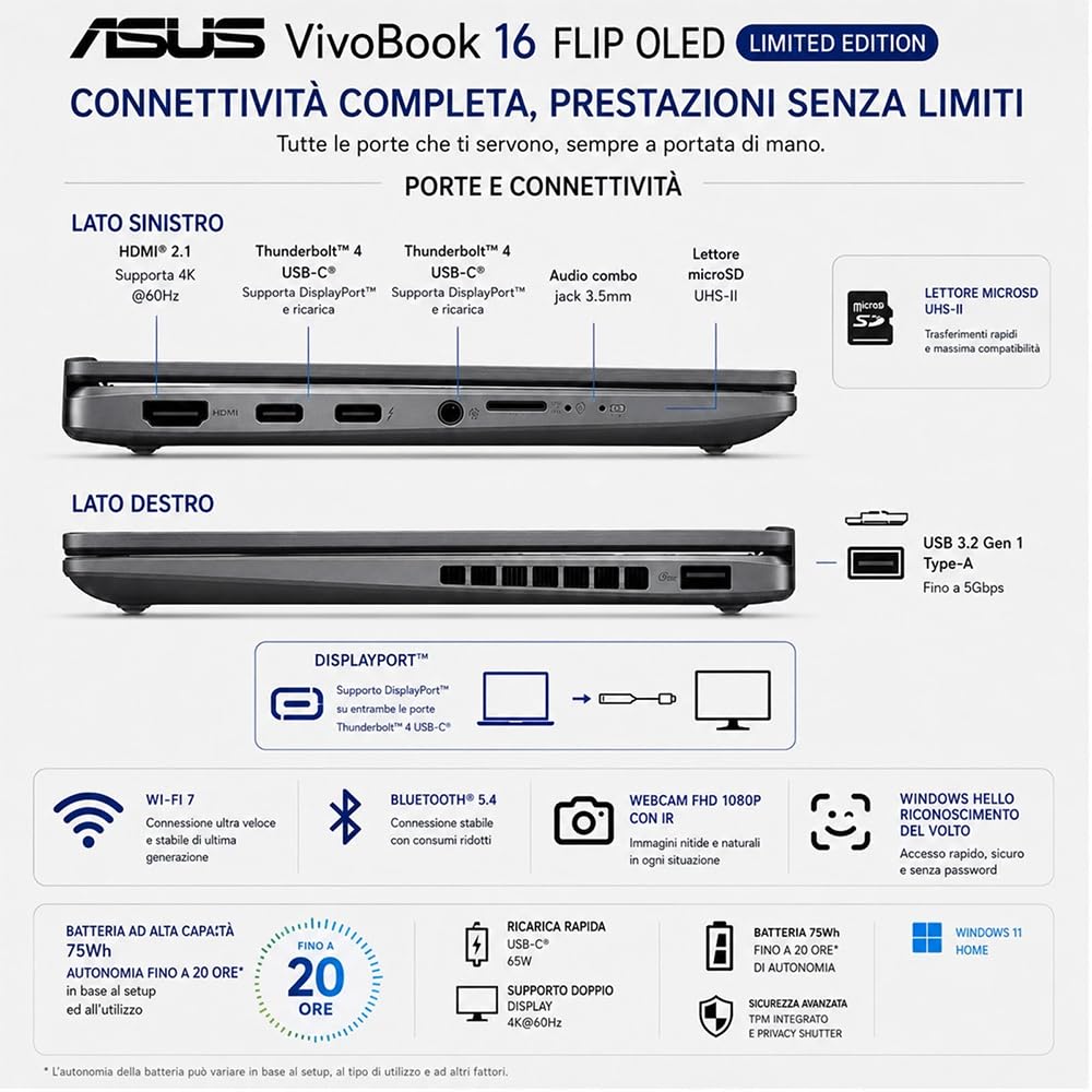 ASUS Vivobook 16 Flip OLED Touch 16", Ultra 7 258V, 32 Gb, Ready to use | Intel AI Boost NPU, Ram 32GB DDR5 8533MHz, Display OLED Touch screen, SSD 512GB, Win11, Tastiera Retroilluminata + Stylus Pen