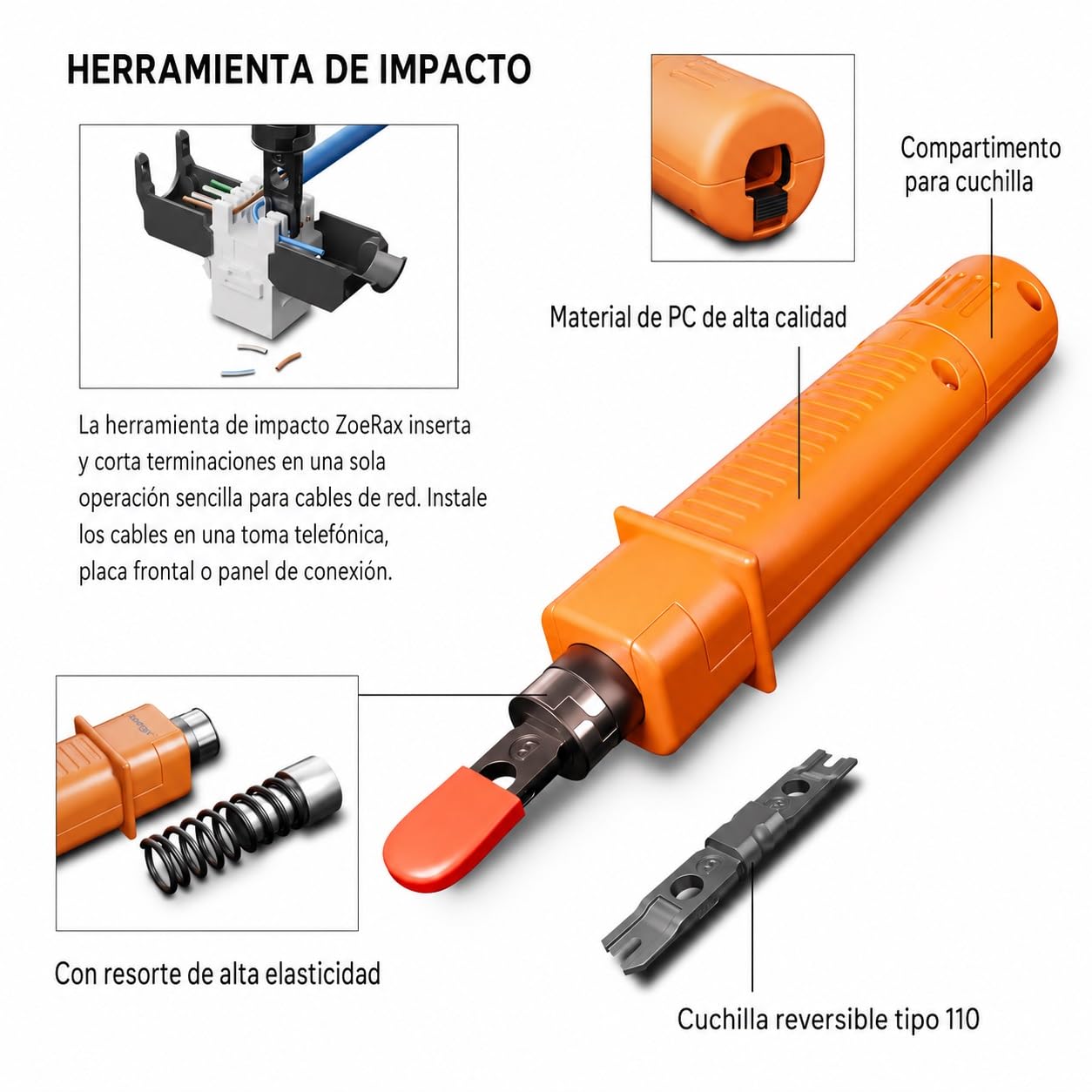Kit de herramientas de red profesional RJ45 11 en 1 - Crimpadora RJ45, herramienta de punzonado 110/88, pelalacables, cortador, conectores y botas Cat6