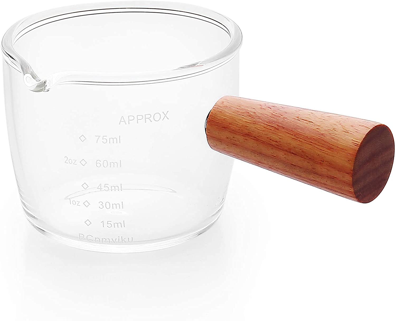 1 Pack Double Spouts Measuring Triple Pitcher Milk Cup with Wood Handle 75ML Espresso Shot Glasses Parts Clear Glass,Espresso Shot Glasses Triple Pitcher Barista Double Spouts Clear Glass