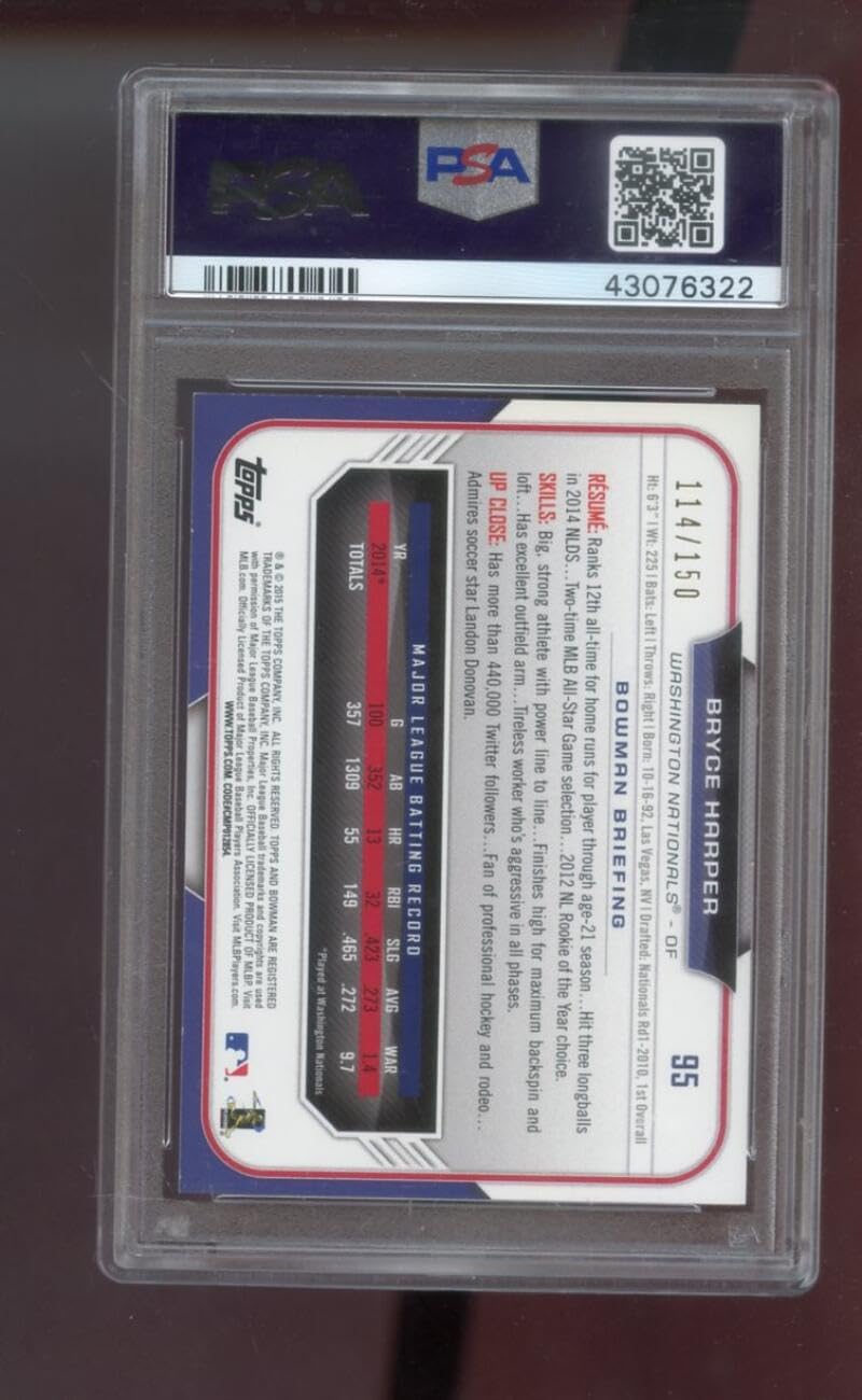2015 Topps Bowman Blue #95 Bryce Harper PSA 8 Graded Baseball Card MLB INSERT Washington Nationals 114/250