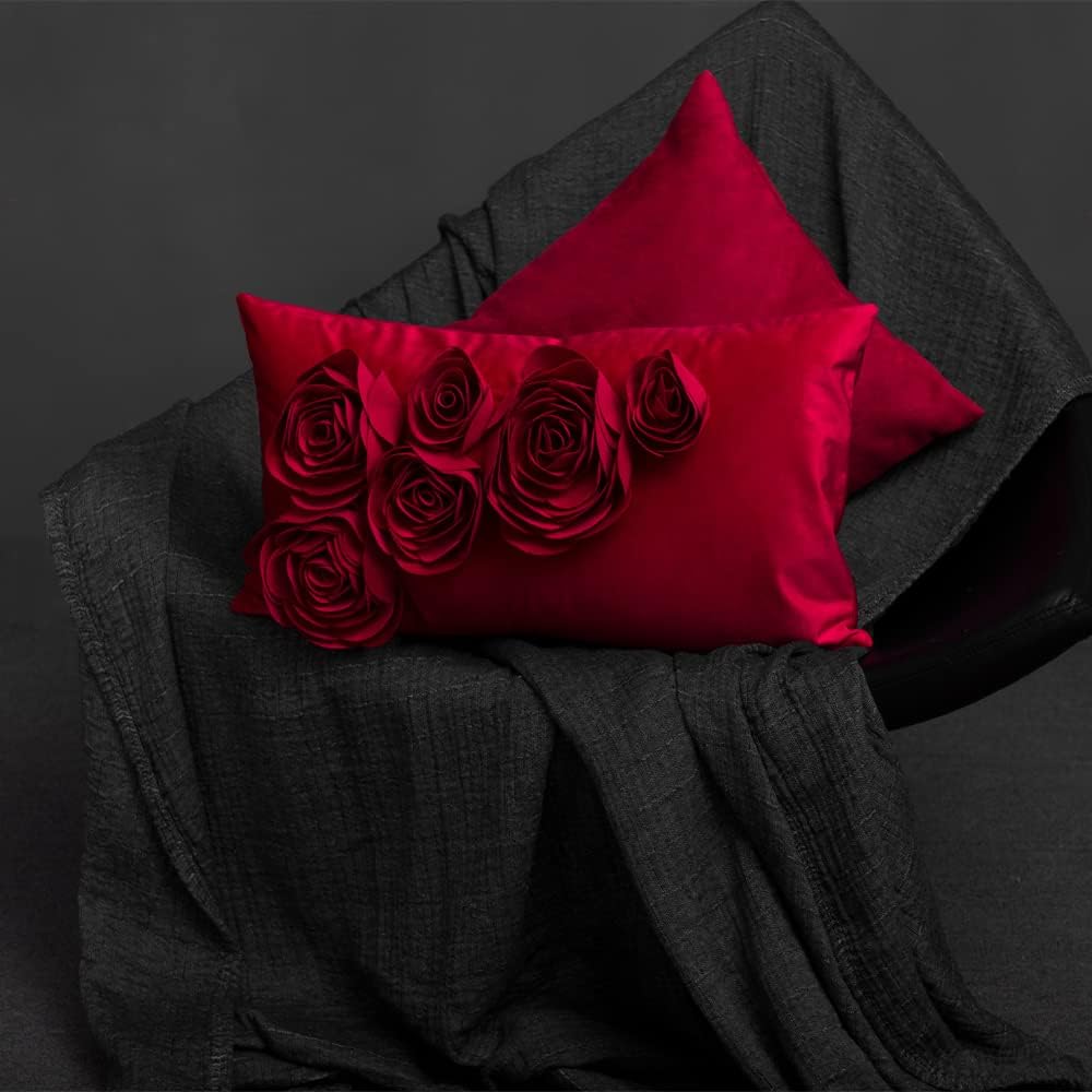 JWH 3D Flower Throw Pillow Cover Decorative Handmade Floral Pillow Case Soft Velvet Pillowcase Lumbar Cushion for Bed Living Room Chair Couch Decor Shams 12x20 Inch Red