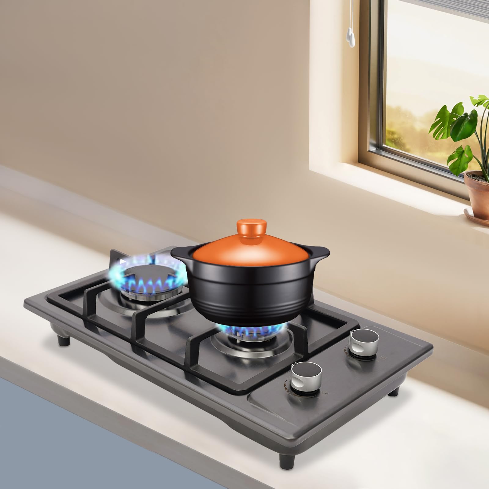 Cocina de gas para interiores, estufa de gas portátil de 2 fuegos con válvula reductora de presión, manguera de 1,5 m, placa de gas para el hogar, cocina, camping, jardín, catering, 6 kW