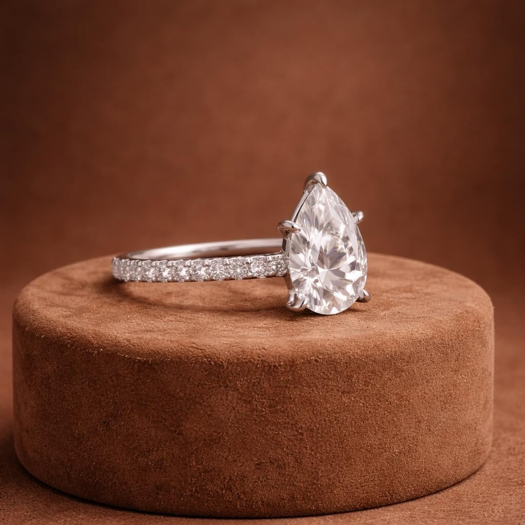 Pear Cut Moissanite Engagement Ring for Women 14k White Gold Pave Band Teardrop Bridal Ring Anniversary Promise Wedding Jewelry Gift for Her