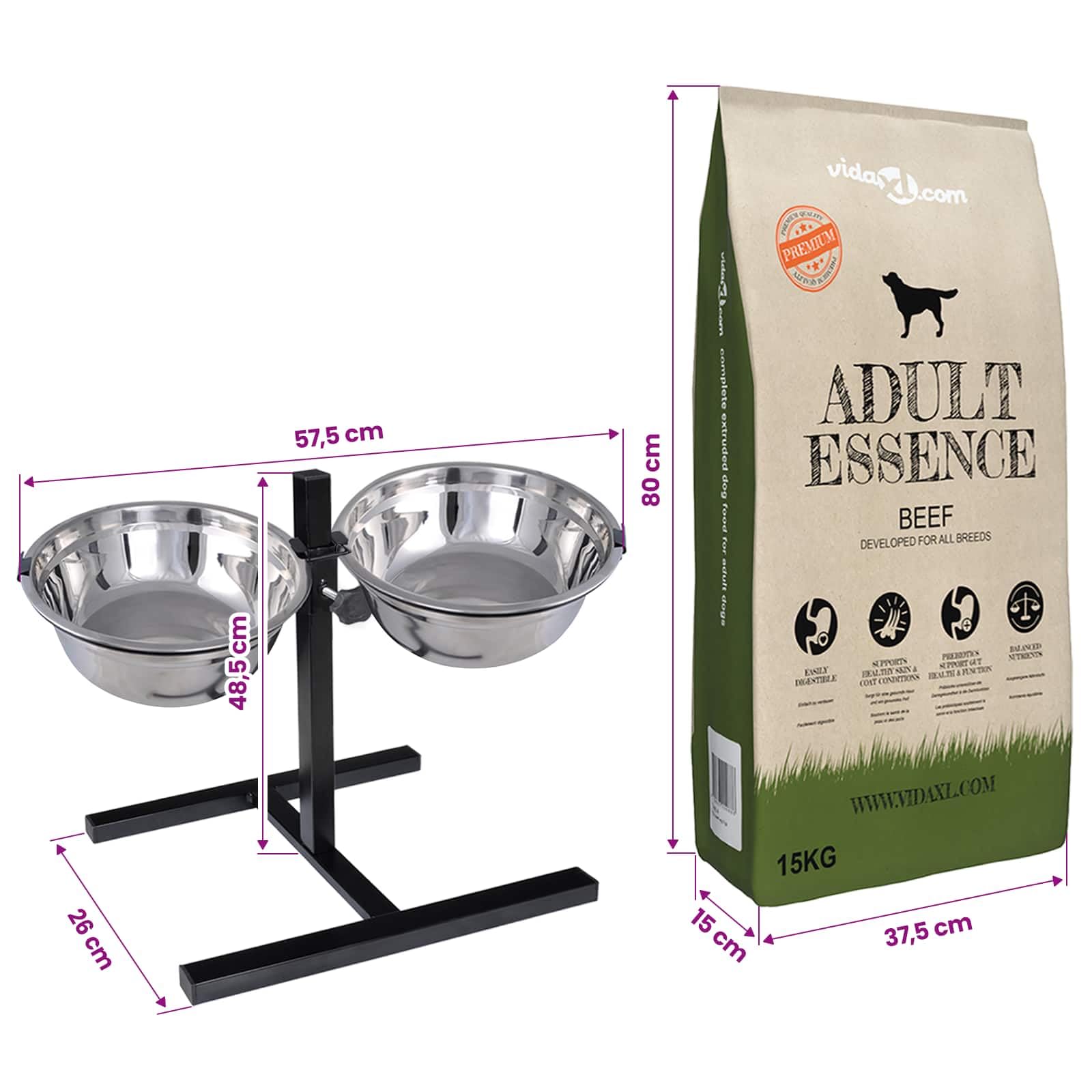 Comedero elevado con cuencos de acero inoxidable, dispensador de agua para perros y gatos, doble estación antideslizante, 4,1 L por cuenco, con 15 kg de comida seca para interior y exterior