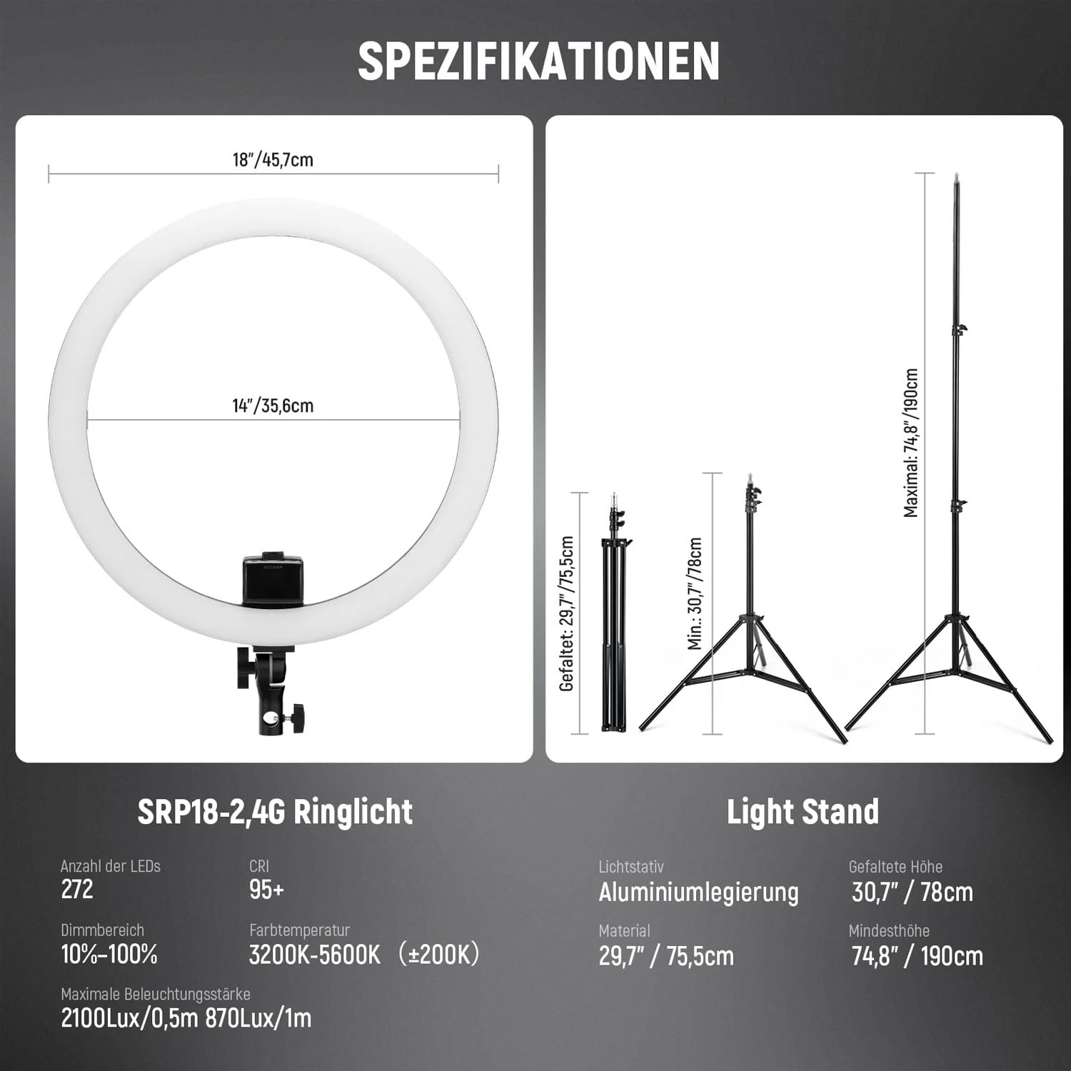 SRP18-2.4G Ringlicht LED-Leuchte mit Fernbedienung und keepdrum Mikrofasertuch
