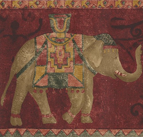 Red Carpet with Brown Elephants Wallpaper Border Vintage Design, Roll 15' x 7'' Red Carpet with Brown Elephants Wallpaper Border Vintage Design, Roll 15' x 7''