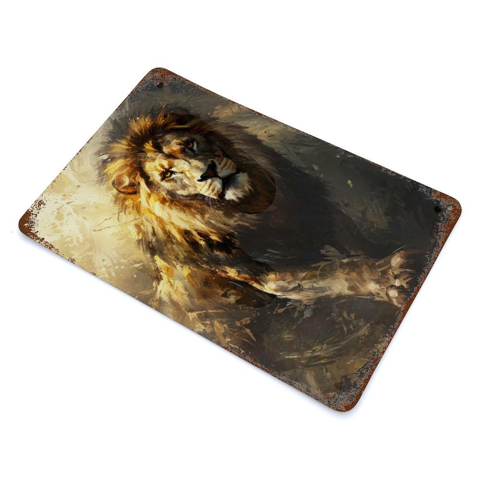 Rustic Tin Plaque with Majestic Lion Portrait Design 11.8"x7.9", for Cafe, Home Bar And Lounge Decor, Industrial Home Decor