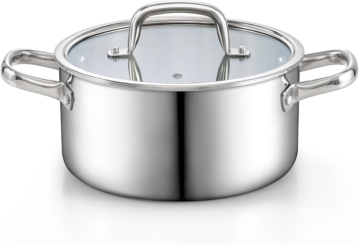 Cook N Home 4 Quart Tri-Ply Clad Stainless Steel Stock Pot with Lid | Induction Cooking Pots for Pasta, Spaghetti, Soup Cookware for Canning and Boiling, Oven & Dishwasher Safe