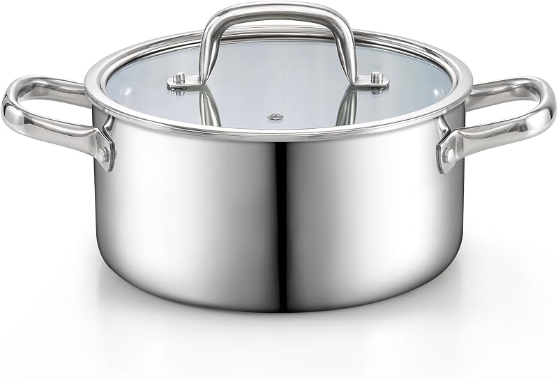 Cook N Home 4 Quart Tri-Ply Clad Stainless Steel Stock Pot with Lid | Induction Cooking Pots for Pasta, Spaghetti, Soup Cookware for Canning and Boiling, Oven & Dishwasher Safe