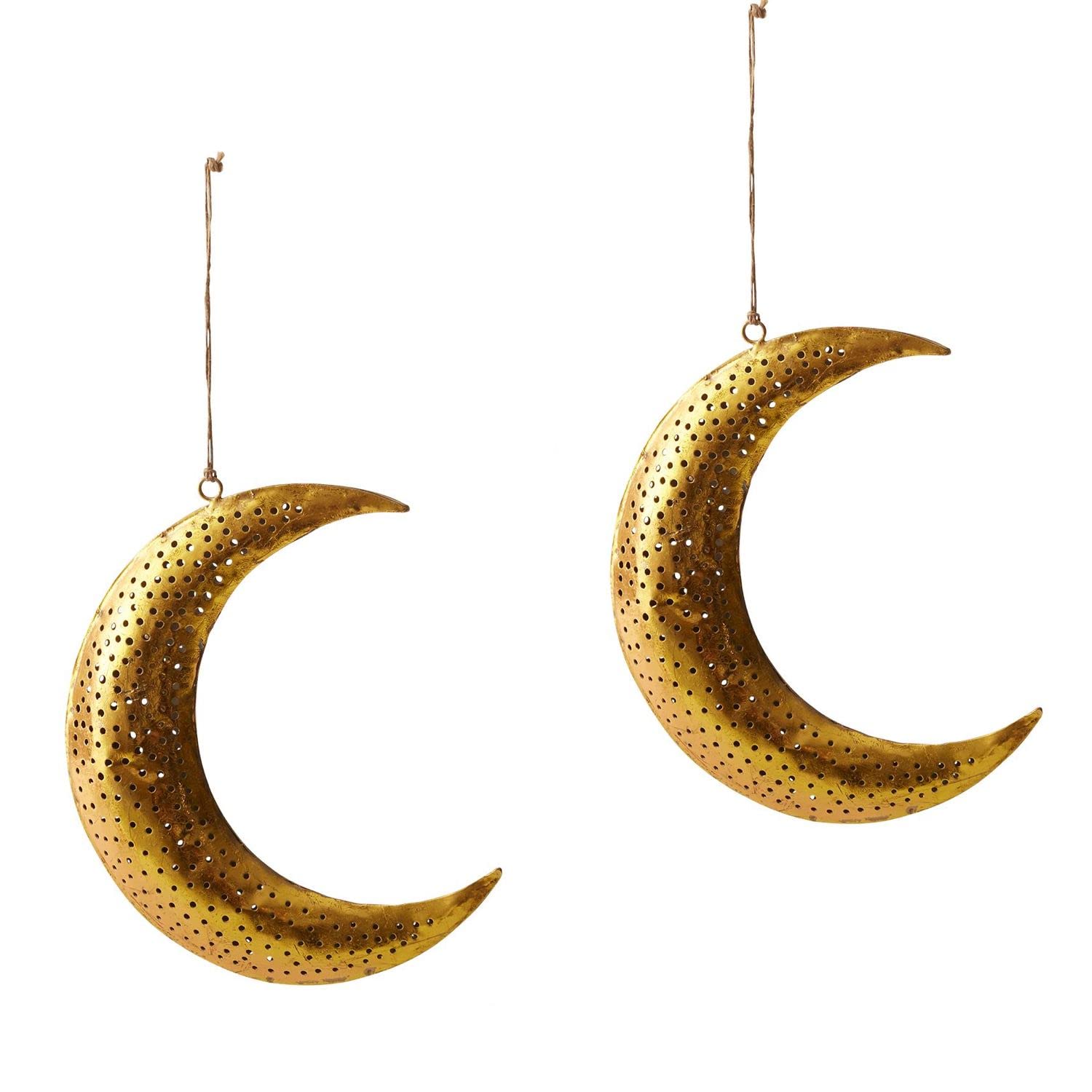 S/2 Moon Crescent Celestial Hanging Ornaments Gold Finish Modern Christmas Holiday Decor Metal Metro Urban Design (S/2 Gold Luna Ornaments)