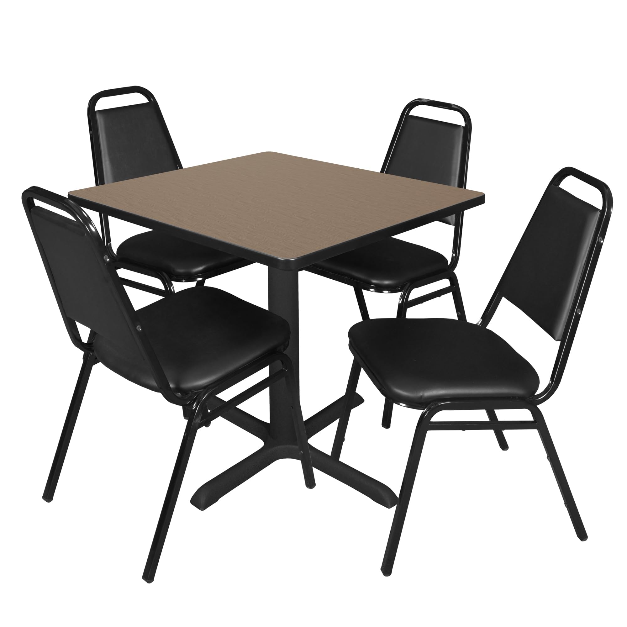 Romig Pillar 30 in. Square Breakroom Table- Noble Oak &amp; 4 Restaurant Stack Chairs- Black