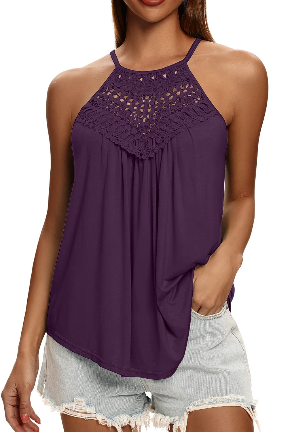 isermeo Womens Summer Flowy Tank Tops Sexy Halter Embroidery Neck Sleeveless Casual Tee Shirts Tank S-XXL