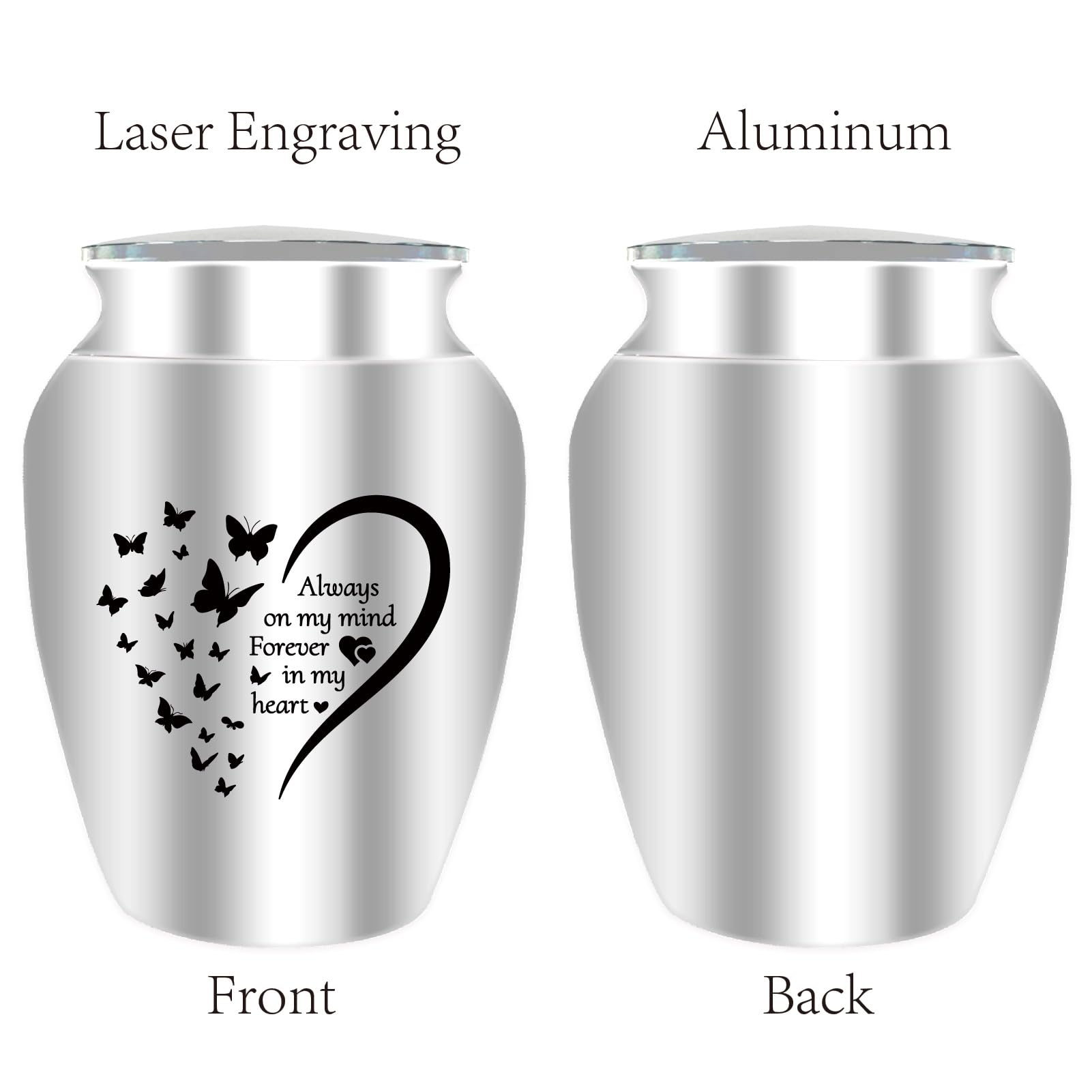 CREATCABIN Small Urn for Ashes Butterfly Mini Urn for Ashes Aluminum Ashes Holder Funeral Cremation Engraved Word with Velvet Bag Memorial Gift for Mom Dad Family 2.6x1.8 Inch Forever in My Heart - Image 3