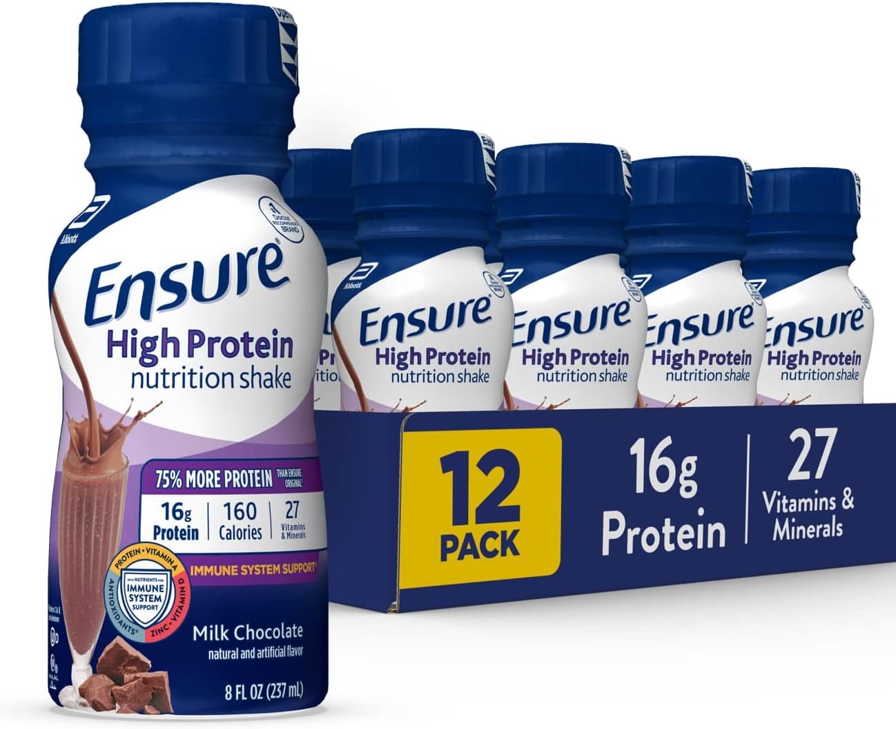 Ensure High Protein Nutritional Shake with 16g of Protein, Ready-to-Drink Meal Replacement Shakes, Low Fat, Milk Chocolate, 8 Fl Oz (Pack of 12)
