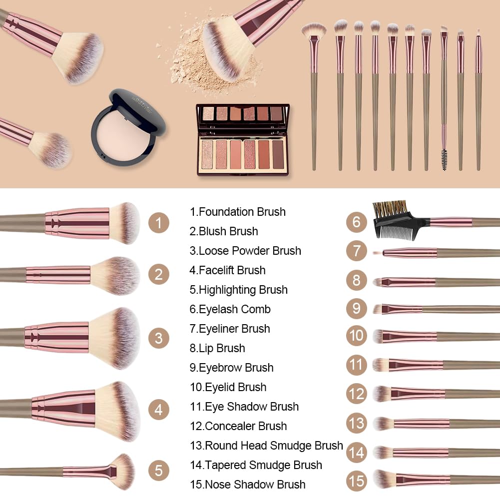 Vicloon Ensemble de pinceaux cosmétiques, 15 Pièces Brun kit de pinceaux cosmétiques, Professionnels Set Pinceaux Synthétiques Fard à Joues En Peluche, Poudre De Brillant à Lèvres
