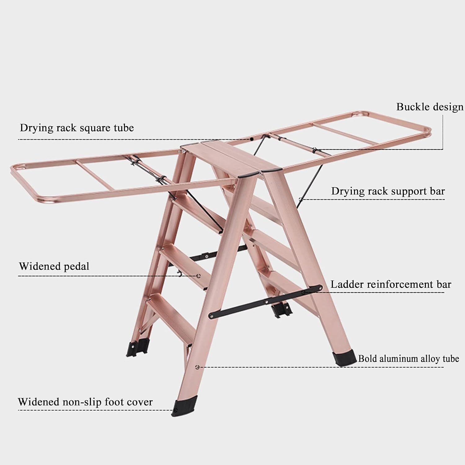 Foldable Laundry Rack Multifunctional 4-Step Ladder Aluminum Clothes Drying Rack Ladder with Wing Space-Saving Free of Installation for Household Daily