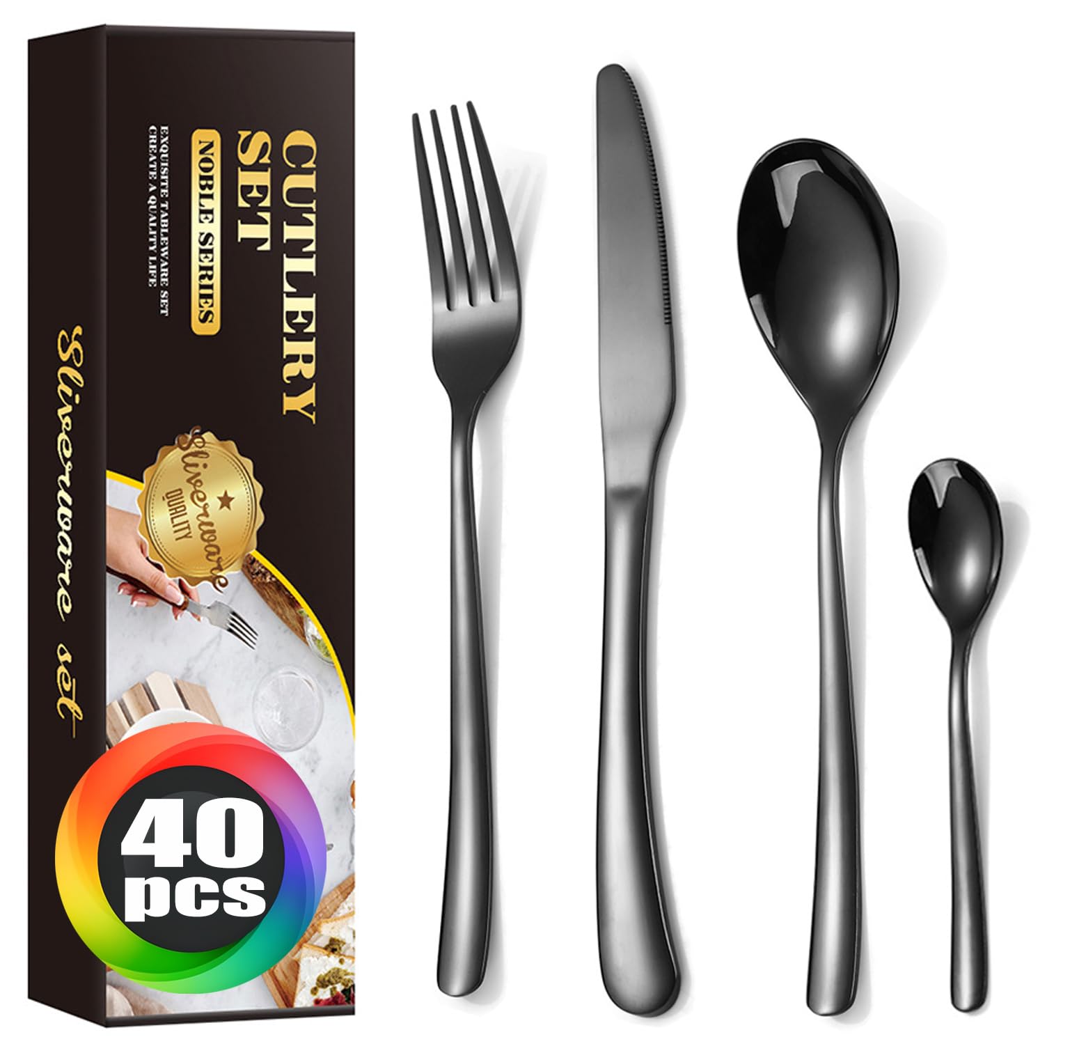 MURRI&MURRDI Stainless Steel Cutlery Set for 10 People, Knife Fork Spoon Silverware Set Flatware Utensils Set for Home Party Restaurant, Dishwasher Safe, Silvery (Black)