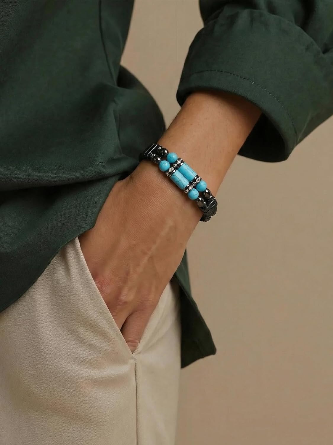 Mens Leather Turquoise/Tiger Eye/Obsidian/Lava Stone Bracelet–Braided Multi‑Layer Wristband Cuff Bangle Barcelet–Jewelry Box and Pouch Packing - Image 3