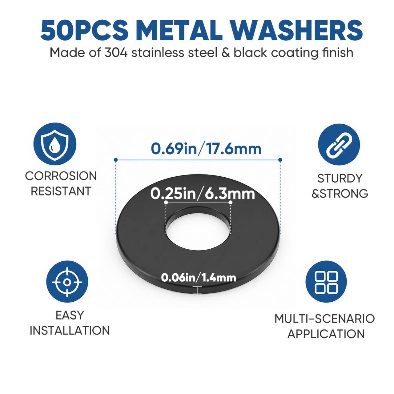 Stainless Flat Washers - 50 Pack, Black Finish -2