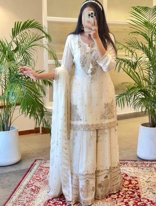 Image of Shishkala Women's White Embroidered Georgette Sharara Set with Dupatta | Party Kurta Pant | Festive Wedding Ethnic Dress for Women Elegant dress