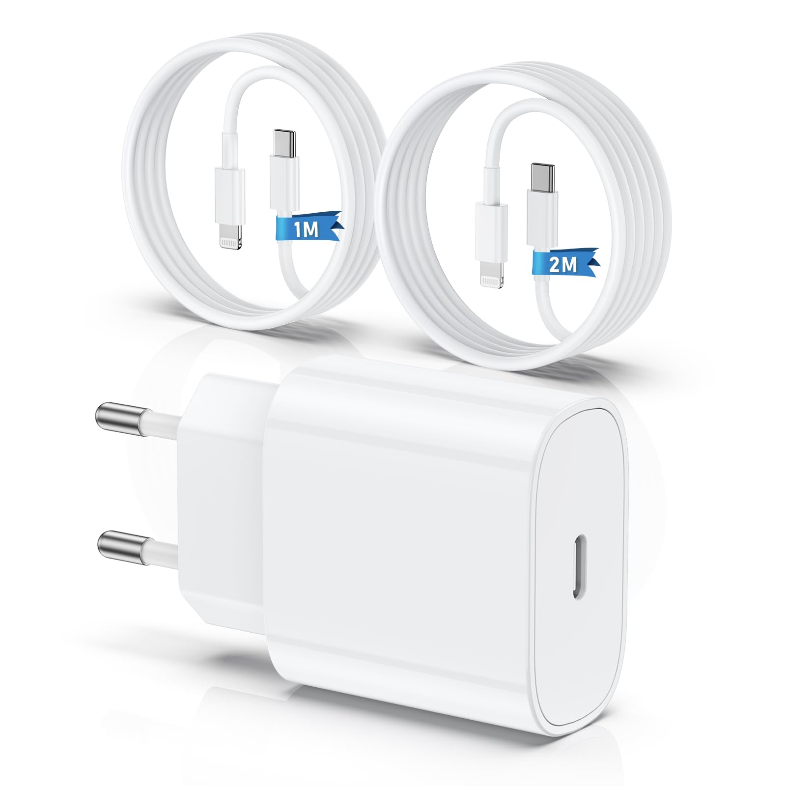 QZIIW Caricatore Per iPhone, adattatore veloce del caricabatterie 20W PD USB C Wall con 1M e 2M di tipo C per fulmine via cavo Lightning compatibile per iPhone 14 13 12 11 Pro Max XR XS X,iPad