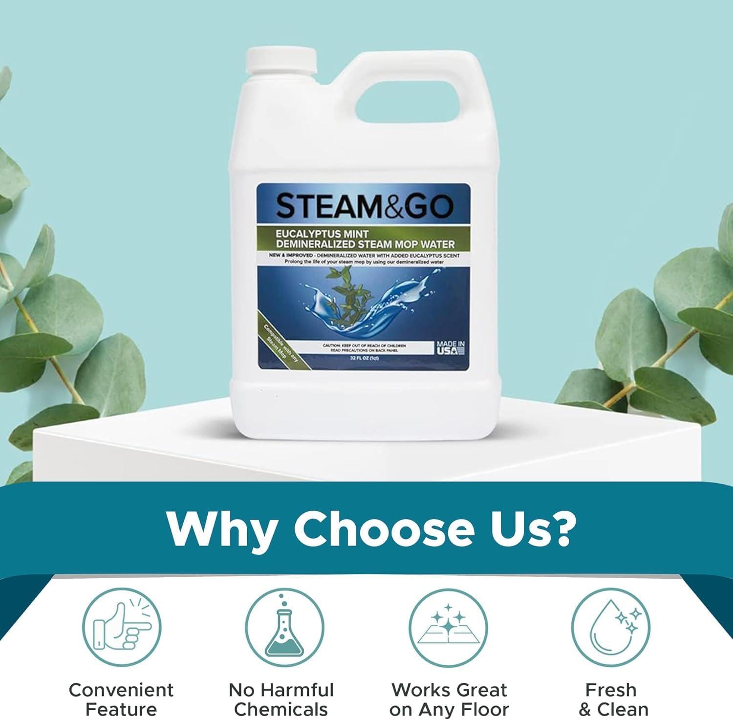 Steam and Go The Housekeeper 10-in-1 Steam Cleaner, Demineralized Water 32oz & Multi-Purpose Cleaner 32oz Bundle - Cleans Floors, Carpet, Upholstery & Surface - Eucalyptus Mint Scent - Odor Eliminator