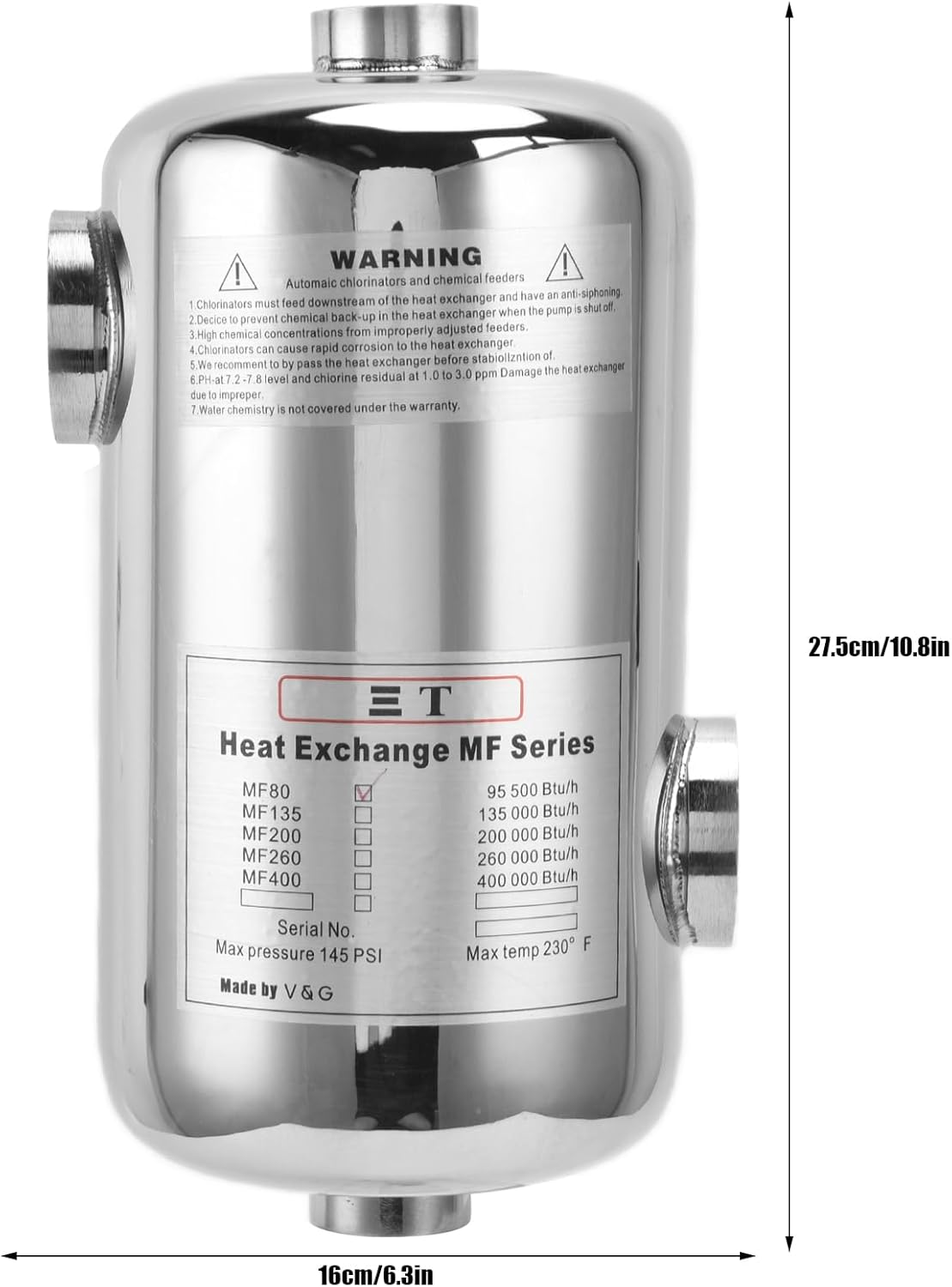 flexman 25KW Swimming Pool Heat Exchanger, Stainless Steel Shell Tube Heat Exchanger Thermostat, 10.8 X 6.3 Circulating Heating Equipment for SPA Pool Supplies