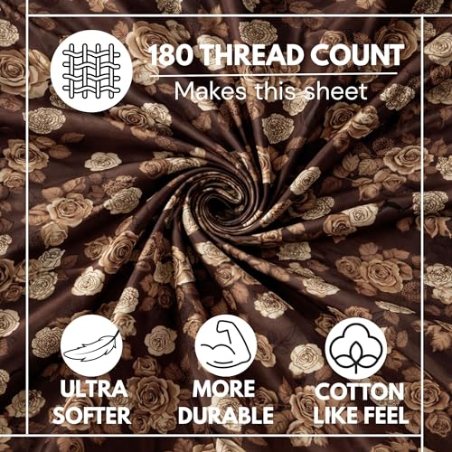 Image of King Size Bedsheet Cotton for Double Bed | Flat - 90x100 Inch, Floral, Soft & Breathable, Fade & Shrink Resistant, 2 Pillow Covers | Cocoa Rose Charm, Chocolate Brown