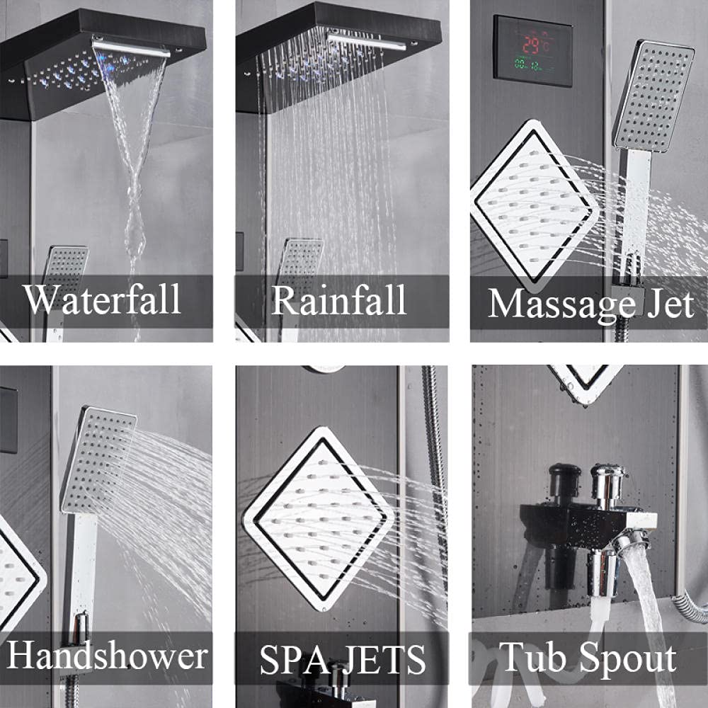 Bateria prysznicowa do łazienki Panel prysznicowy LED Kolumna bateria wannowa Bateria mieszająca nikiel szczotkowany z ekranem temperatury prysznica ręcznego