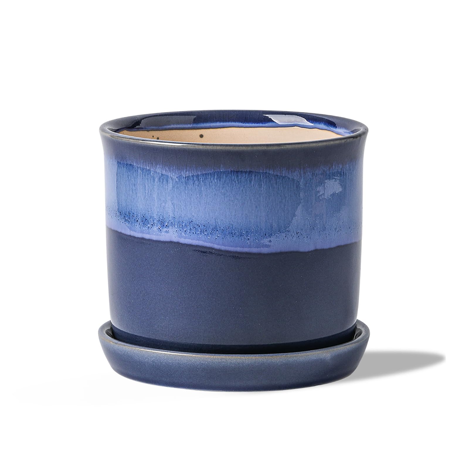 Chubacoo 6 Inch Plant Pot: Ceramic Planter with Drainage Hole & Saucer for Indoor Outdoor Plants - Flowerpot with Bonded Tray for Home Office - Blue Reactive Glaze