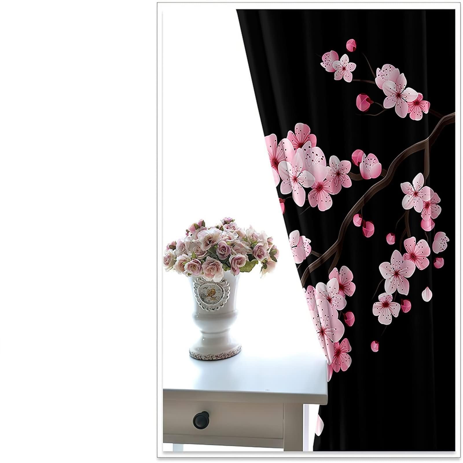 Lot de 2 Rideau Occultant Chambre Enfant,2 x 96W x 138H CM,Rideau avec Oeillets Motifs de Branches de Fleurs Rideaux Rose Noire Moderne Balcon