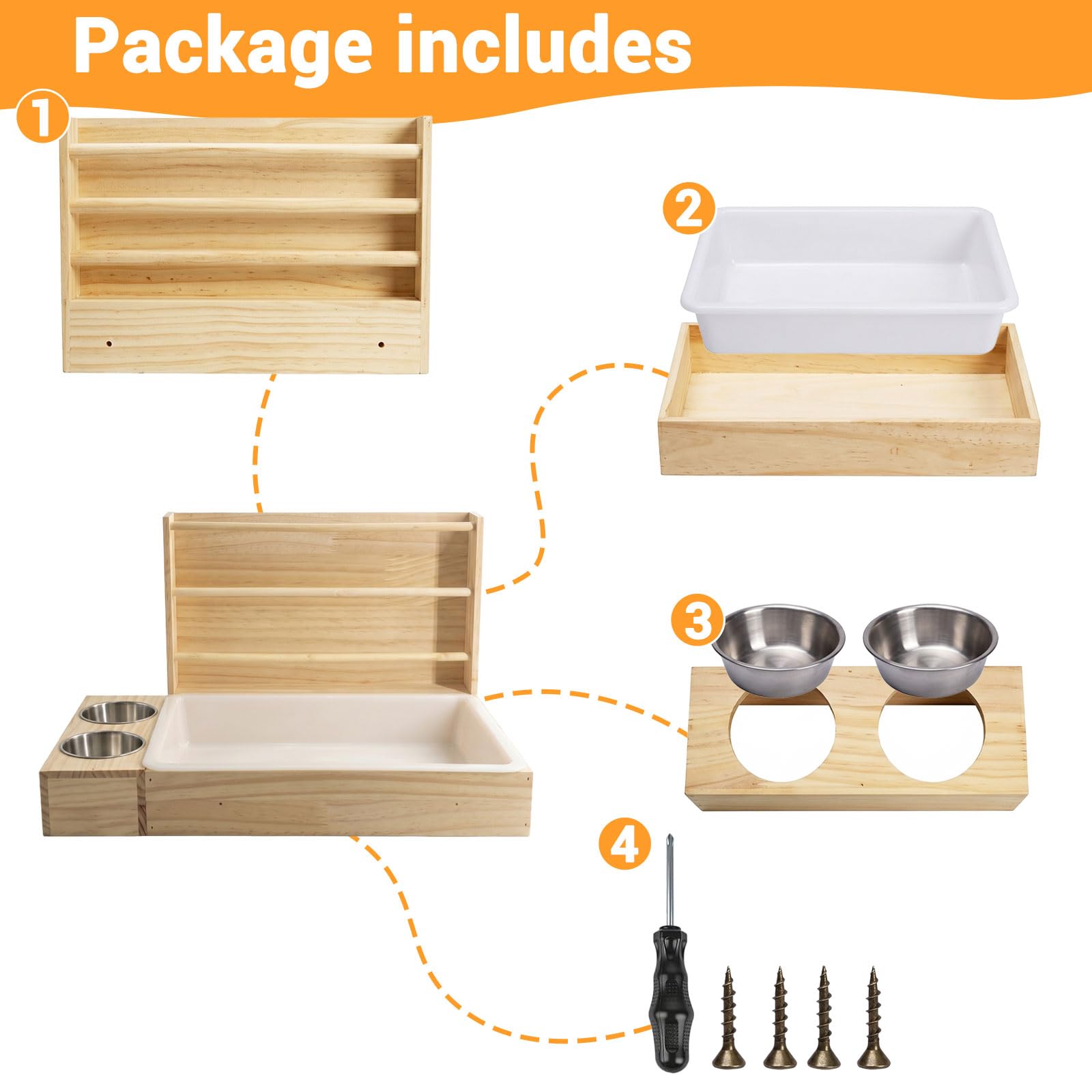 3-in-1 Kaninchen Heuraufe, Heufutterautomat für Kaninchen Mit Toilette Und Futternäpfen, Holz Kleintier Futterstation, Futterspender, Meerschweinchen, Hamster, Chinchilla