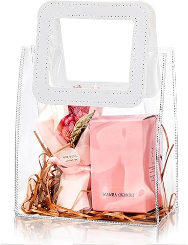 Miniatura 3 de yarlung Paquete de 18 bolsas de regalo transparentes para decoración de Navidad, bolsas de recuerdo de fiesta de PVC con asas blancas, bolsa de