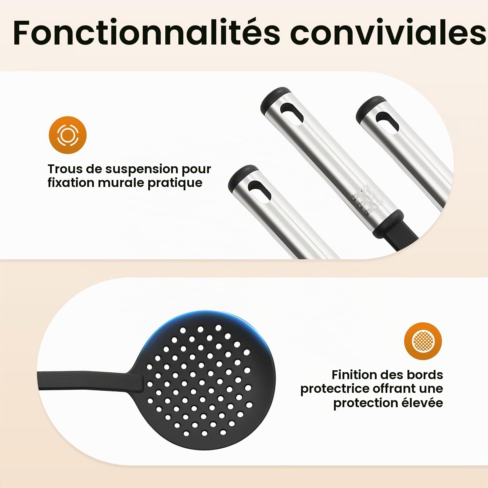 Lot de 40 ustensiles de cuisine en acier inoxydable et nylon - Avec support - Cuillère avec cuillère - Tongs - Fouet à neige - Ouvre-boîte, etc