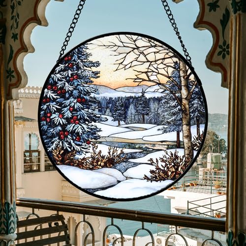 Image of DASTOLL Stained Glass Window Hanging, Winter Snow Landscape Suncatcher Diamond Glass Panel Sun Catchers Decor for Birthday for Women, Men, Wife, Aunt, and Mom 6.3x6.3 in