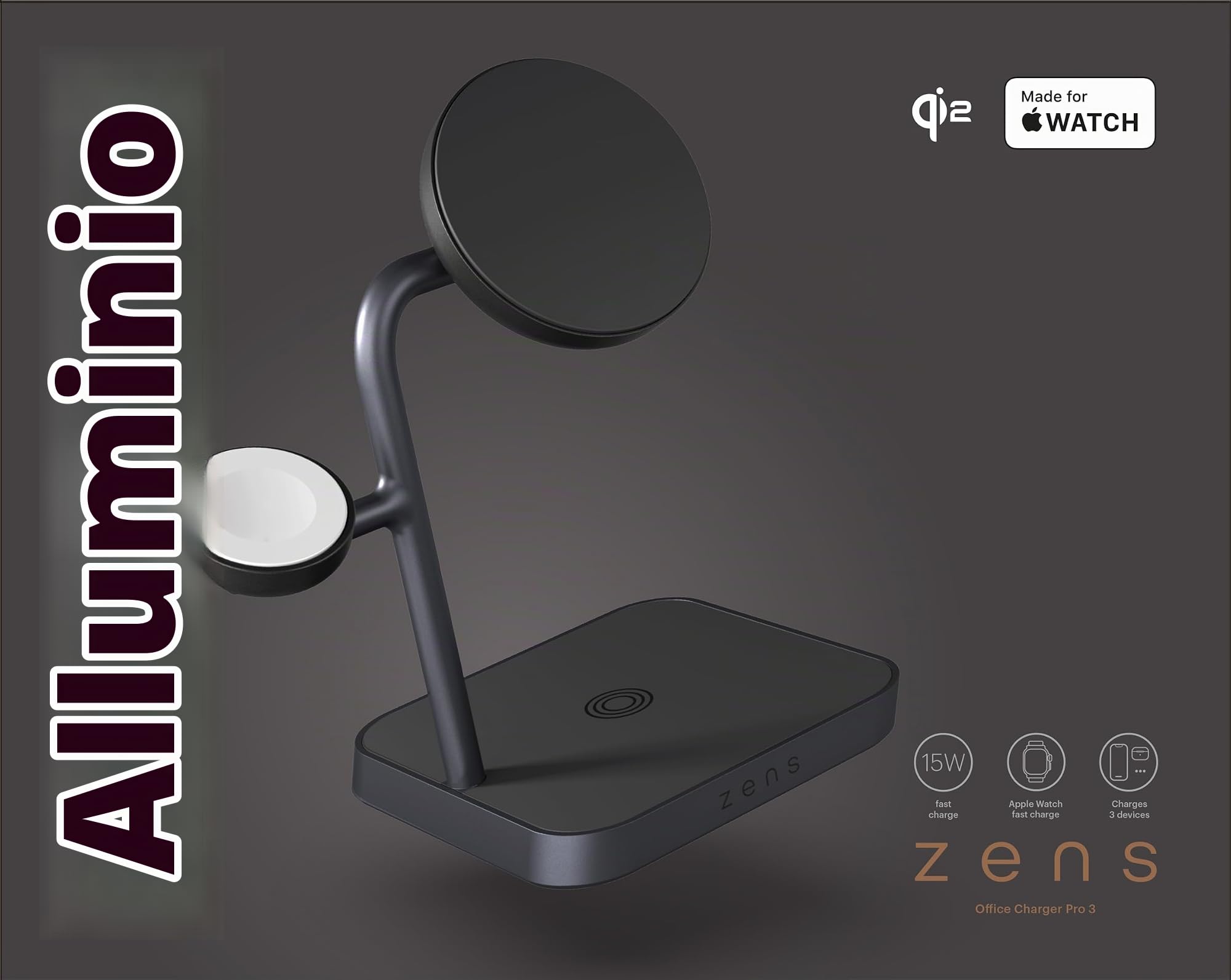 Zens Office Wireless Charger 3, Nero | Caricatore Wireless 15W per iPhone MagSafe/Airpods/AppleWatch/Qi, Adattatore da 20 W Incluso (EU/UK/US),Cavo 1,5 m Nero