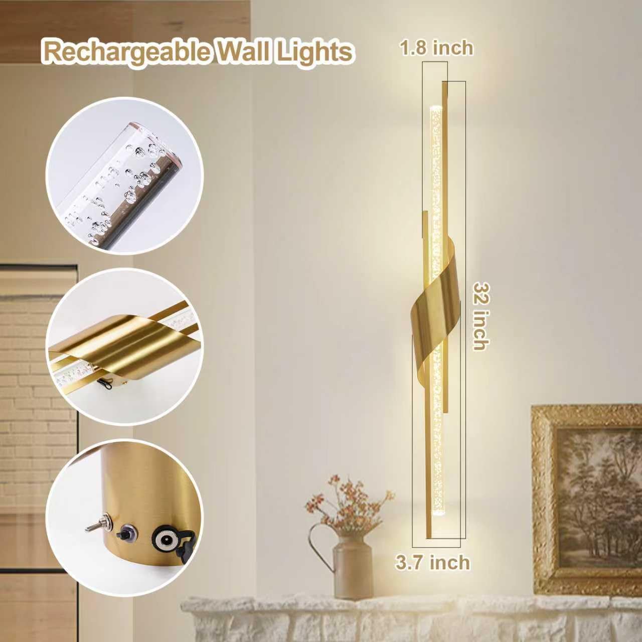 camuucci Battery Operated Gold Wall Sconces Set of Two,Modern Wireless Wall Lights,LED Rechargeable 12000mAh Not Hardwired Remote Control Dimmable Wall Lamp Fixtures for Bedroom 32 Inch