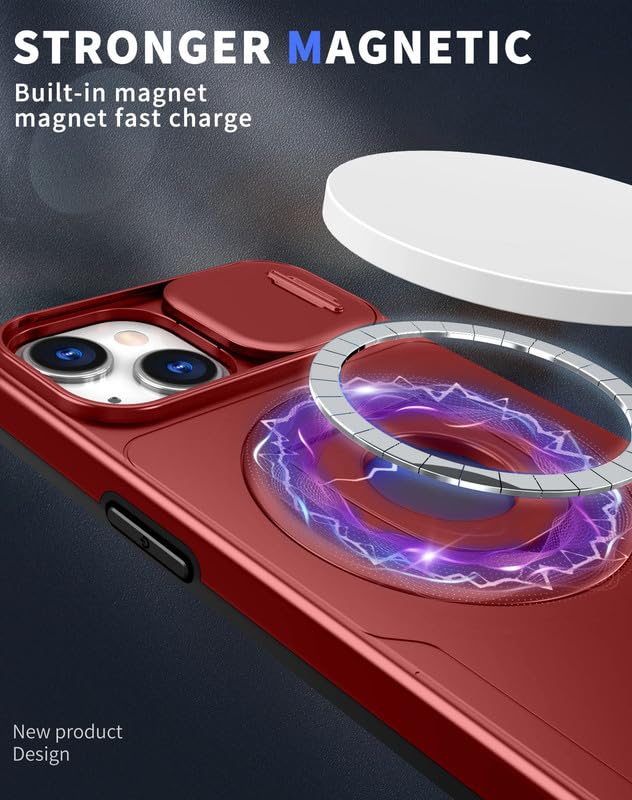 Image of LuxuryKase MagSafe Shockproof Rugged Back Case for iPhone 15 | Finger Ring Kickstand & Sliding Camera Cover | Military Drop Protection | Wireless Charging Support - Red