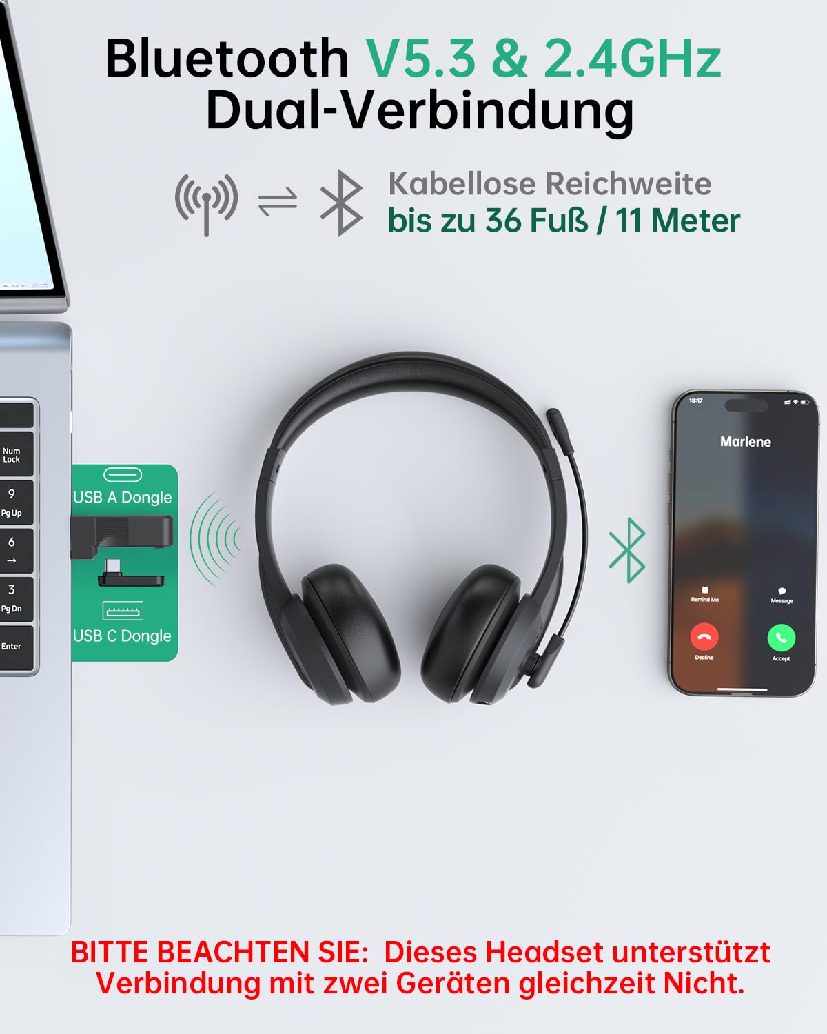 syndesmos Headset mit Mikrofon Bluetooth, Verstellbares Kopfband Headset PC, Unterstützt 2,4 G/Bluetooth V5.3/Kabelgebundene Verbindung, für Telefon, Tablette, CallCenter, Büro, Treffen, Geschäft