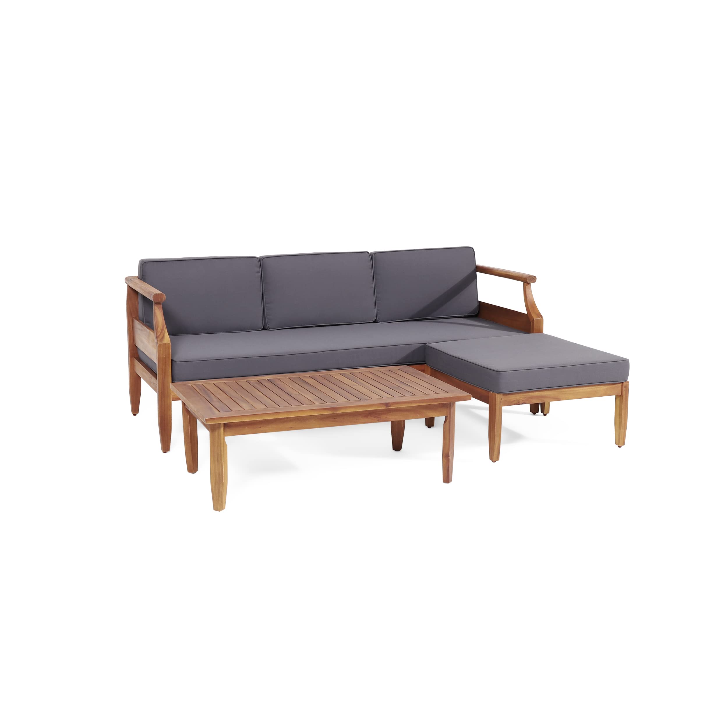 Christopher Knight Home Aston Outdoor 3 Seater Sofa Chat Set with Ottoman - Acacia Wood - Teak/Dark Gray