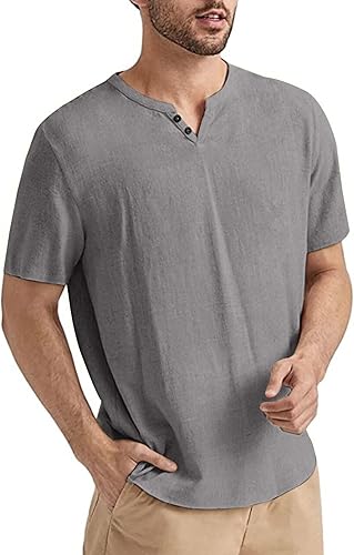Angbater Camisa corta de lino para hombre, estilo hippie, casual, para verano, ligera, tropical, Henley
