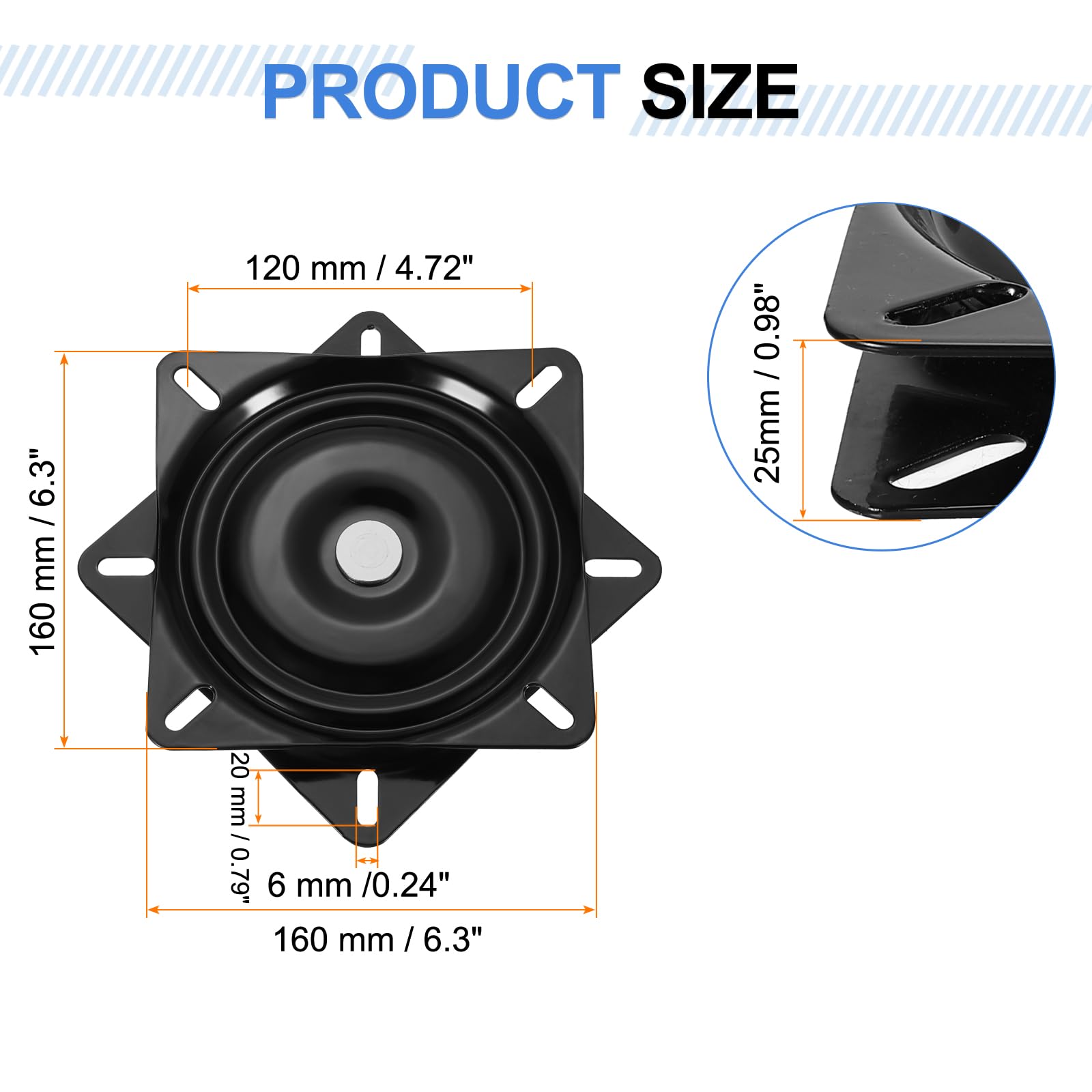 QUARKZMAN 6.5" Sgabello Girevole di Ricambio, Girevole a 360° Lazy Susan, Piastra di Montaggio Base Girevole a Sfera Semi-Quadrata per Poltrona Reclinabile o Tavolo, Nero (160x1.5mm)
