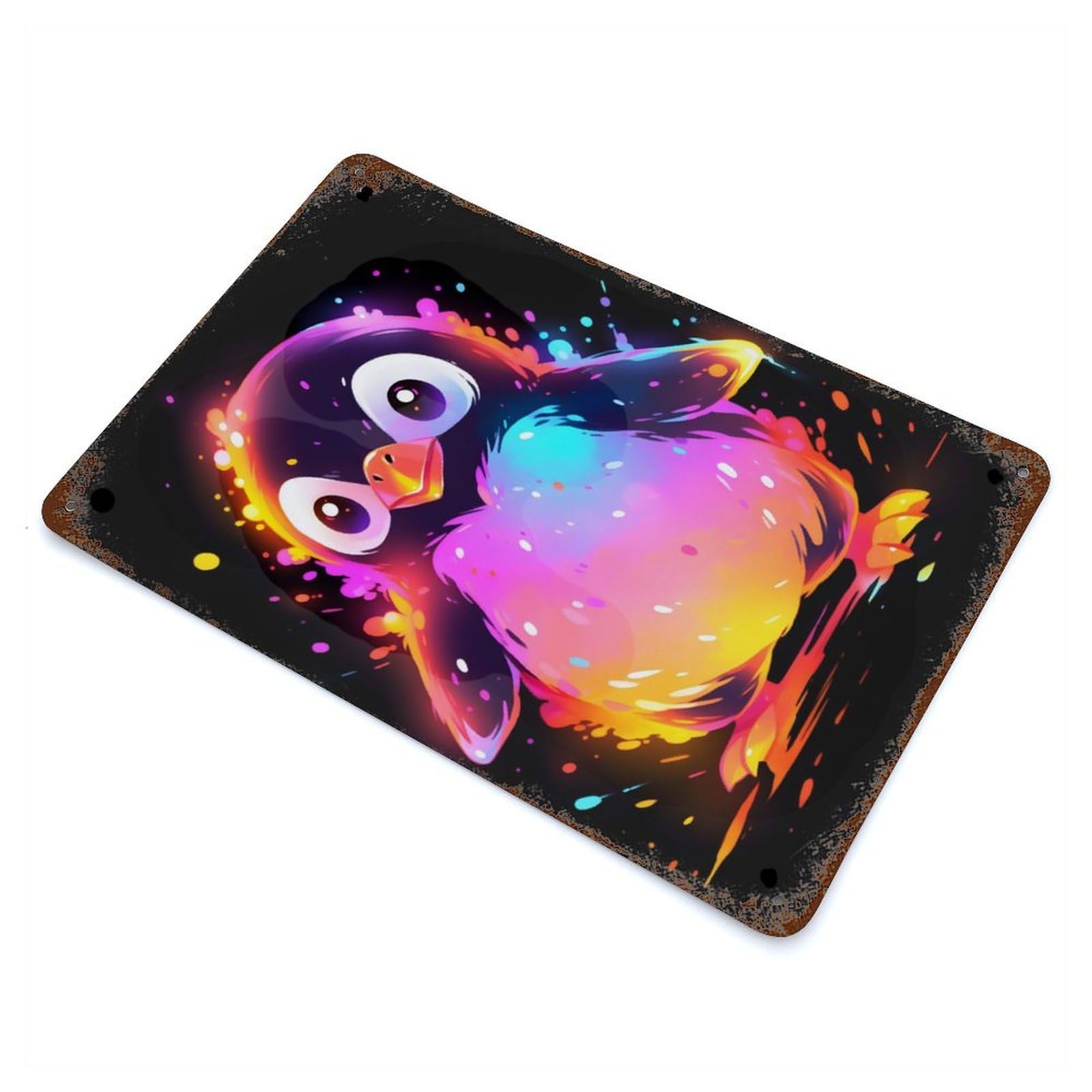 Cute Colorful Penguin Vintage Wall Sign 11.8"x7.9", Rust Effect Metal Decor for Cafe, Home Bar And Lounge Decor