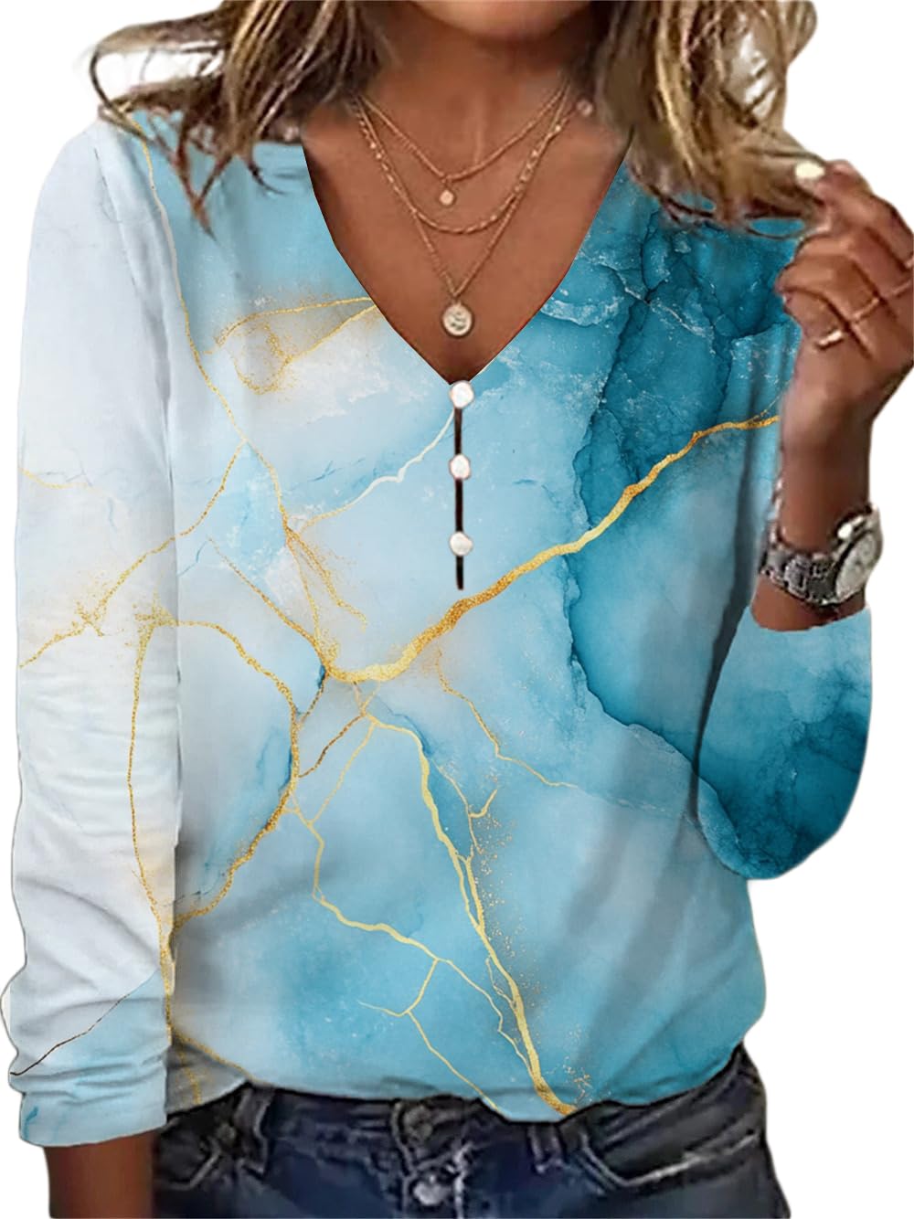 HOTYD Long Sleeve Button V Neck Boho Tops for Women Dressy Casual Floral Print Blouses Vintage Ethnic Graphic Tees