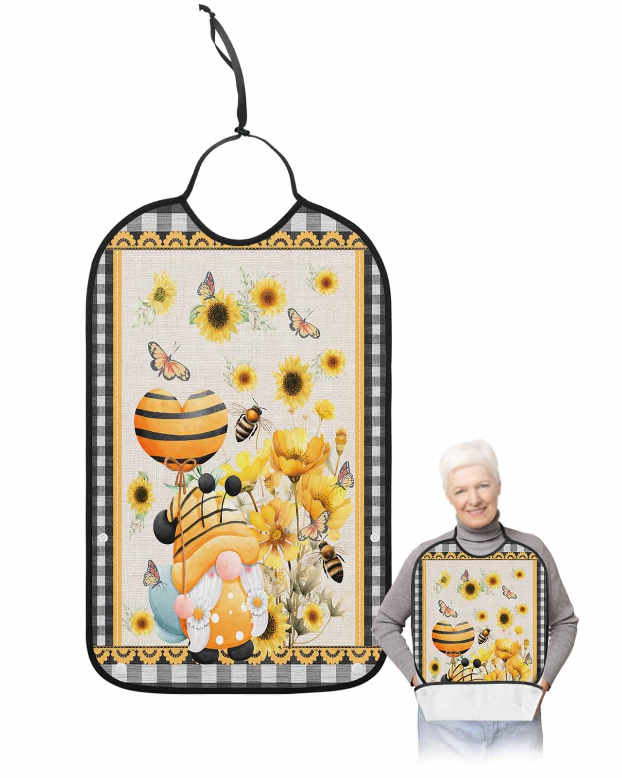 LEOKOTI Sunflower Gnomes Adult Bibs for Eating, Waterproof Bibs with Food Catcher & Adjustable Snap Closure, Black Plaid Summer Bee Rustic Washable Clothing Protectors Adult Bibs for Elderly Women/Men