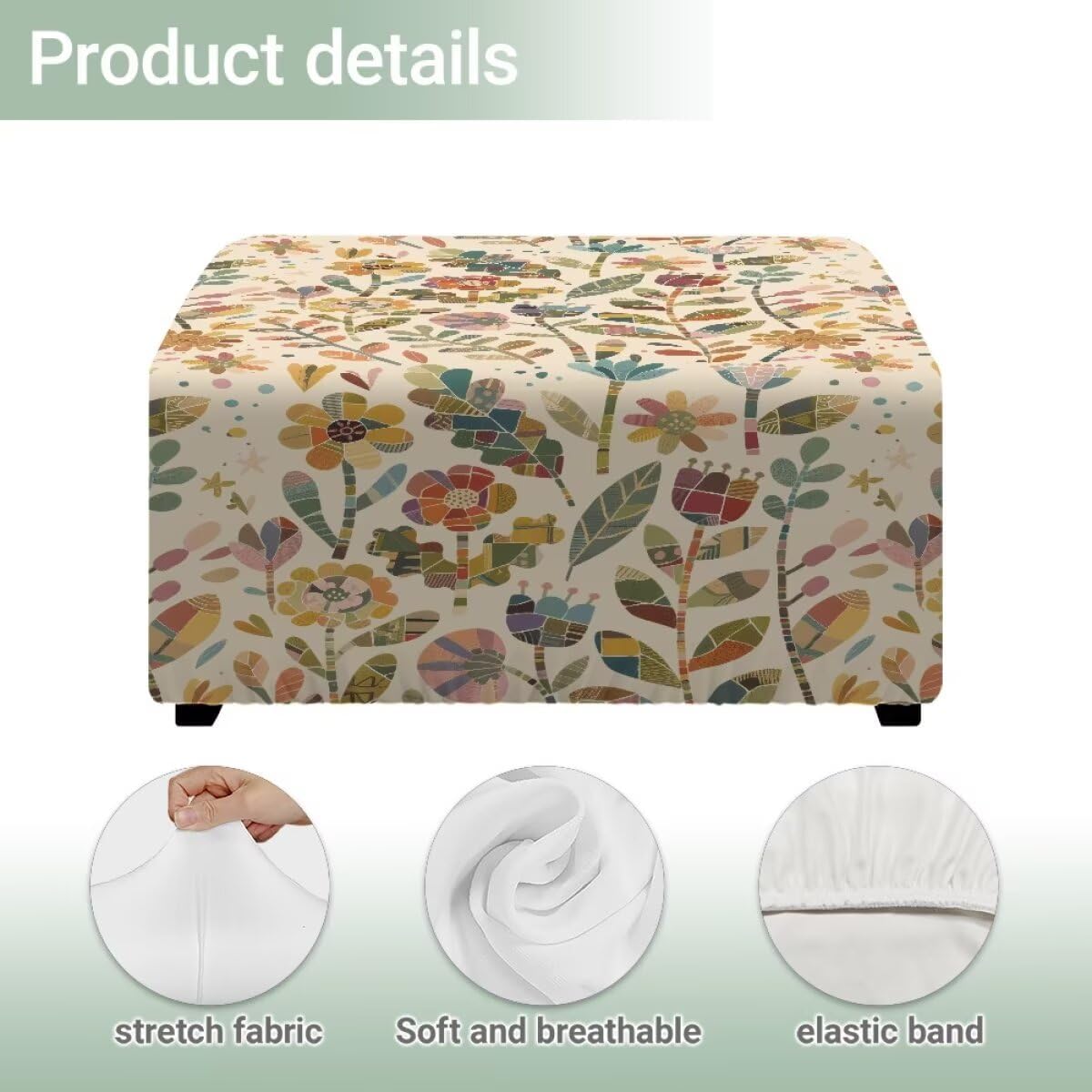 ZDCUSTOM Patchwork Floral Ottoman Cover Square Stretch Ottoman Cover Footrest Slipcovers Vibrant Stool Covers Footstool Protector Covers Soft Polyester Fabric, Small