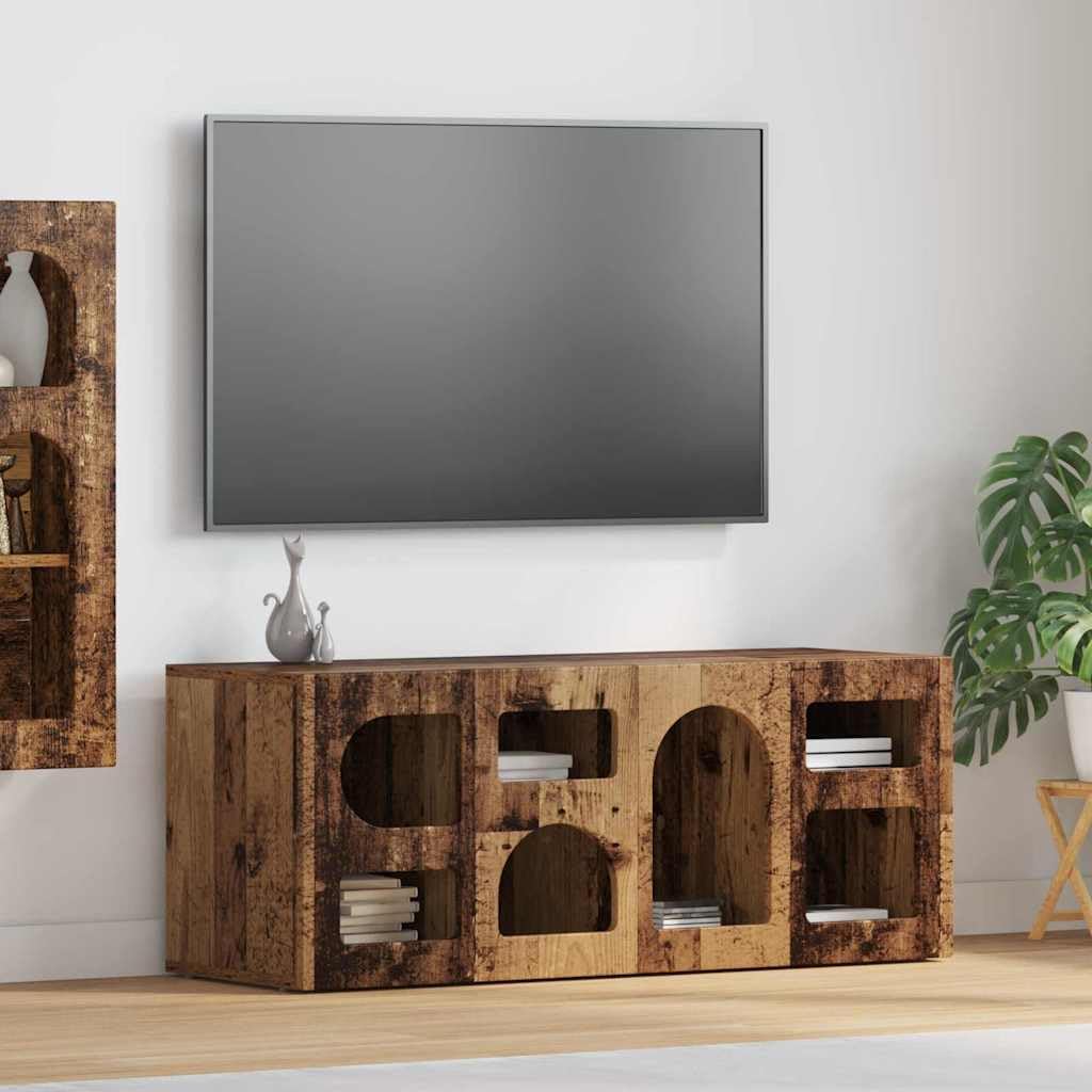 Szafka pod telewizor, stare drewno, 100 x 35 x 40 cm, materiał drewnopochodny, z 7 półkami, do salonu, sypialni, do przechowywania mediów