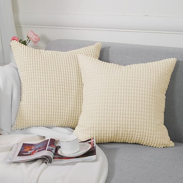 FreeBiz Cushion Covers 45cm x 45cm Throw Pillow Cover Soft Grid Corduroy Pillowcases for Sofa Couch Home Bedroom Decorative 2Pcs Beige