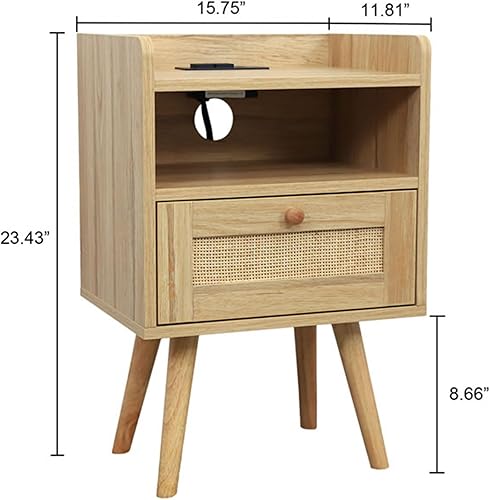 Miniatura 3 de Mesita de noche de ratán con cajones, juego de 2 mesitas de noche bohemias con almacenamiento para dormitorio, mesa auxiliar con 2 salidas de CA, 2